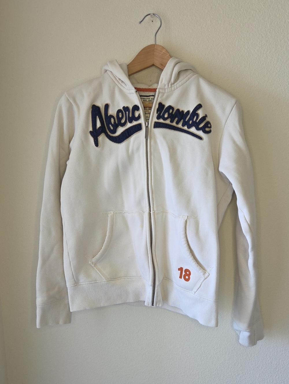 Abercrombie & Fitch Vintage Off White Zip Hoodie Cotton Blend with Navy Script